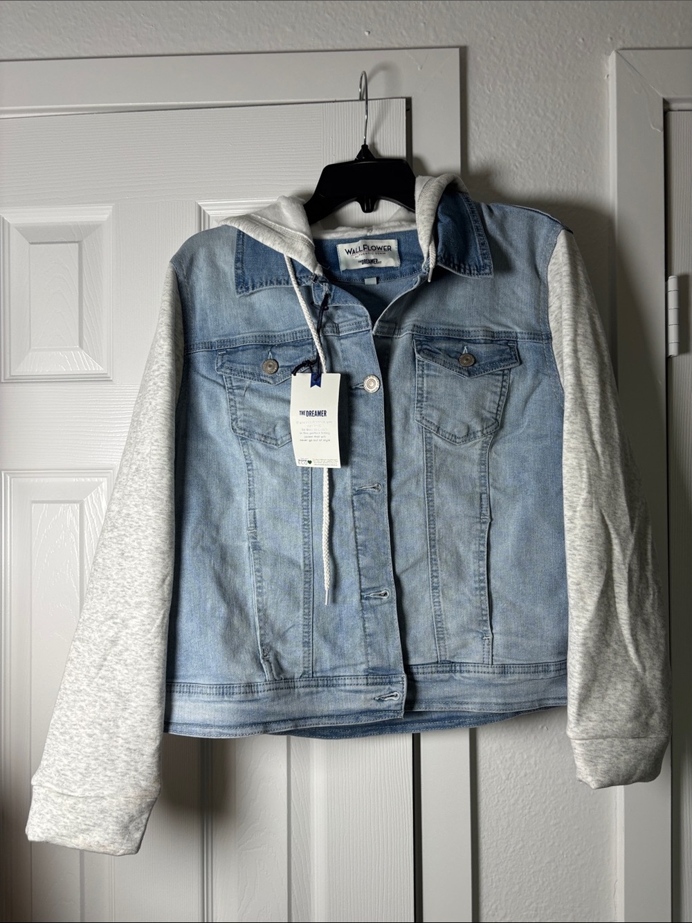 Wallflower Light Blue Denim Jacket with Heather Gray Hoodie Sleeves